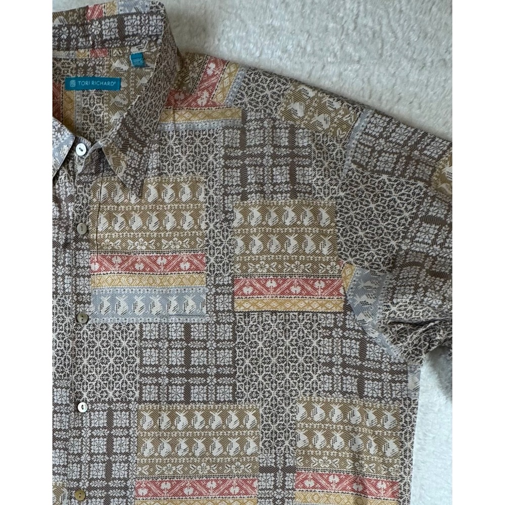 Tori Richard‎ Shirt Mens 2XL Brown Geometric Patchwork 100% Cotton Lawn Hawaii